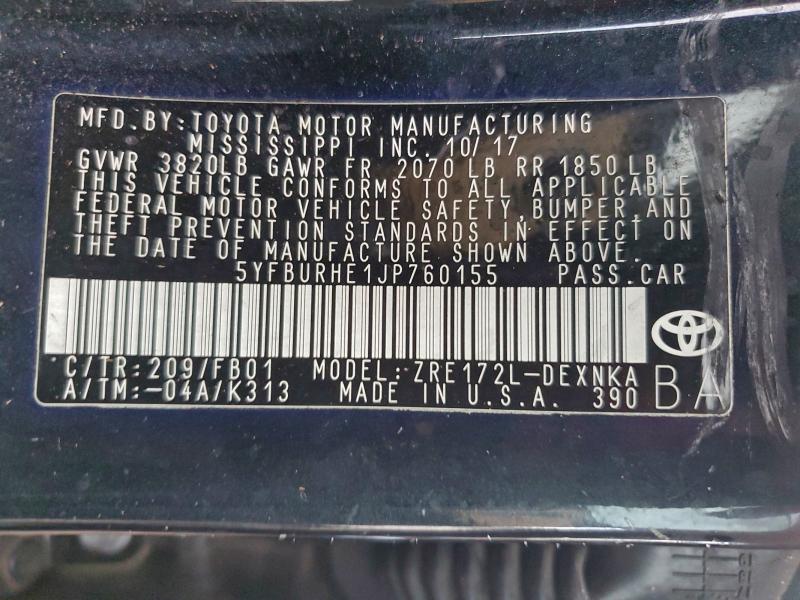 95655255 :رقم المزاد ، 5YFBURHE1JP760155 vin ، 2018 Toyota Corolla مزاد بيع
