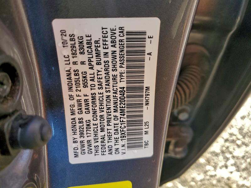 Продажа на аукционе авто 2021 Honda Civic, vin: 19XFC1F74ME200484, номер лота: 93725395