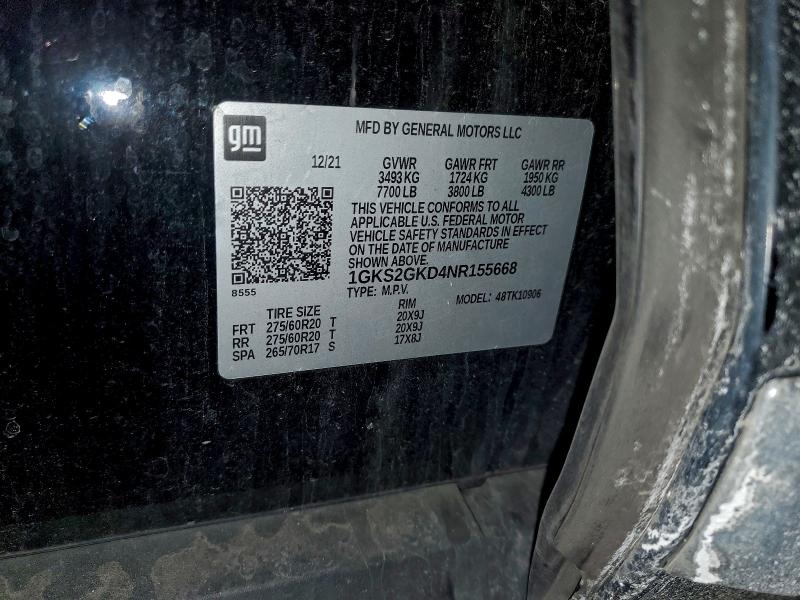 95868365 :رقم المزاد ، 1GKS2GKD4NR155668 vin ، 2022 Gmc Yukon Xl مزاد بيع