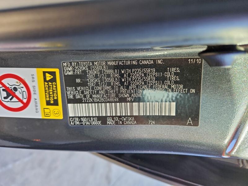 96767415 :رقم المزاد ، 2T2ZK1BA2BC048648 vin ، 2011 Lexus Rx 350 مزاد بيع