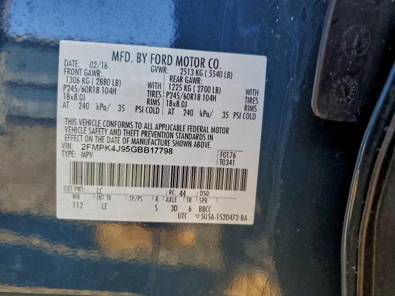 Продажа на аукционе авто 2016 Ford Edge, vin: 2FMPK4J95GBB17798, номер лота: 95492195
