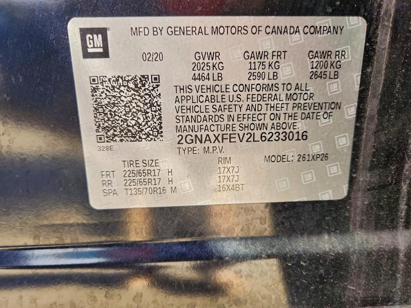 95543365 :رقم المزاد ، 2GNAXFEV2L6233016 vin ، 2020 Chevrolet Equinox مزاد بيع