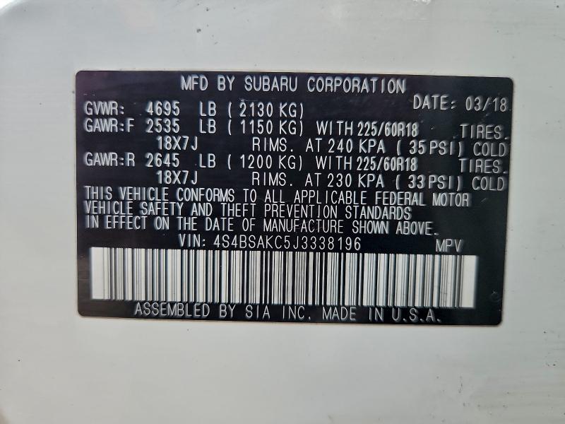 2018 Subaru Outback მანქანა იყიდება აუქციონზე, vin: 4S4BSAKC5J3338196, აუქციონის ნომერი: 96976855