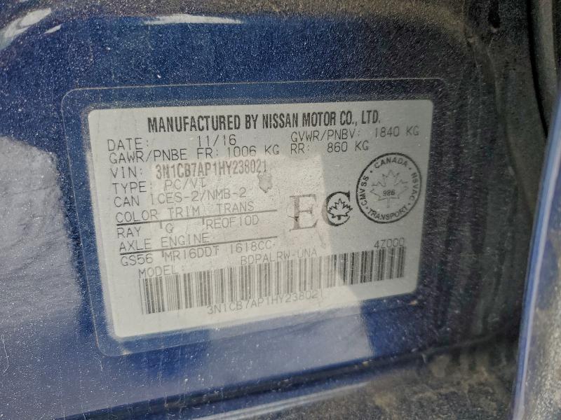 95181385 :رقم المزاد ، 3N1CB7AP1HY238021 vin ، 2017 Nissan Sentra Sr مزاد بيع