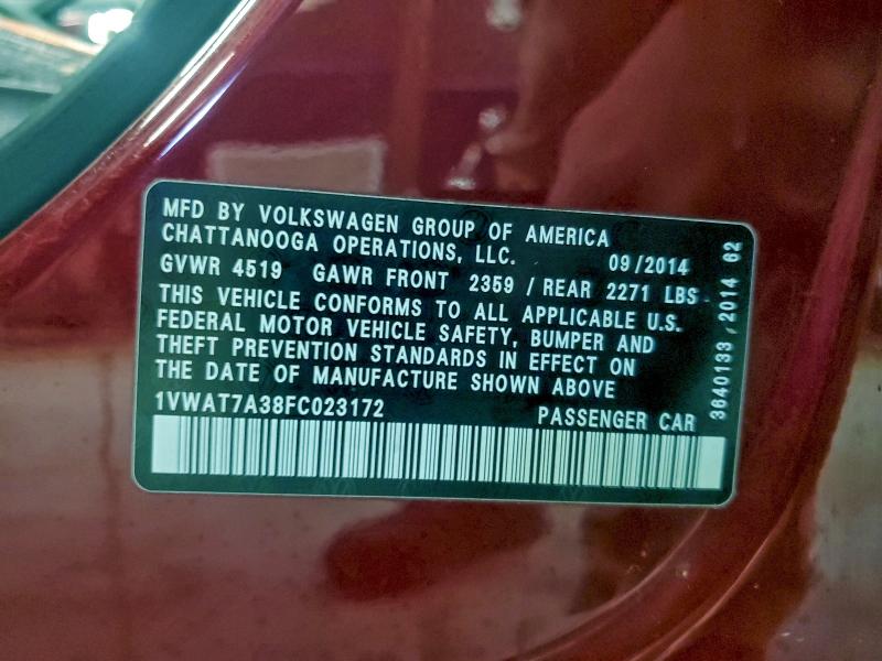 97111485 :رقم المزاد ، 1VWAT7A38FC023172 vin ، 2015 Volkswagen Passat S مزاد بيع
