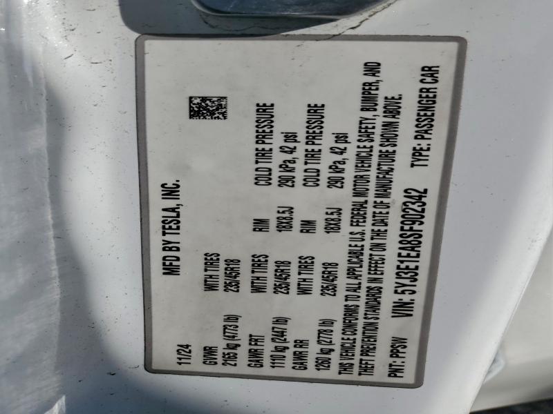 2025 Tesla Model 3 მანქანა იყიდება აუქციონზე, vin: 5YJ3E1EA8SF902342, აუქციონის ნომერი: 97425095