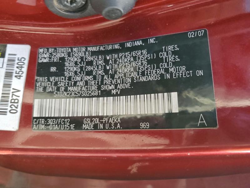 98406465 :رقم المزاد ، 5TDZK23C57S025681 vin ، 2007 Toyota Sienna مزاد بيع