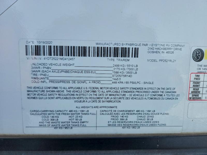 Продажа на аукционе авто 2021 Keystone Unknown, vin: 4YDT25221MD412457, номер лота: 96042775