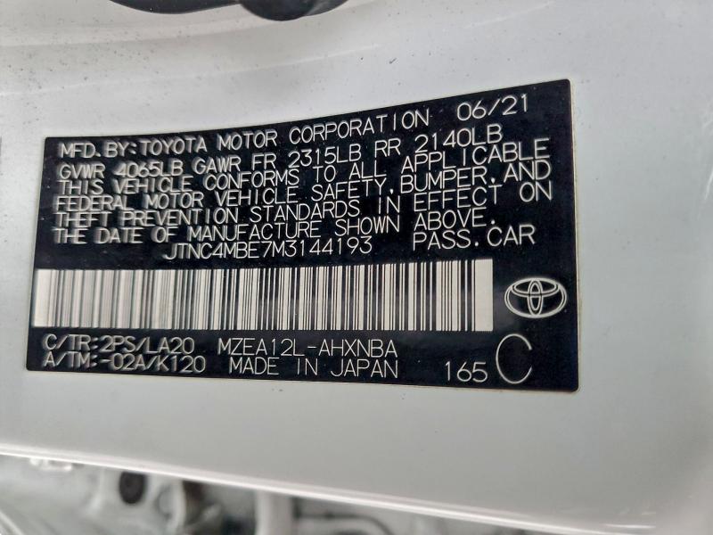 2021 Toyota Corolla Xs მანქანა იყიდება აუქციონზე, vin: JTNC4MBE7M3144193, აუქციონის ნომერი: 94487435