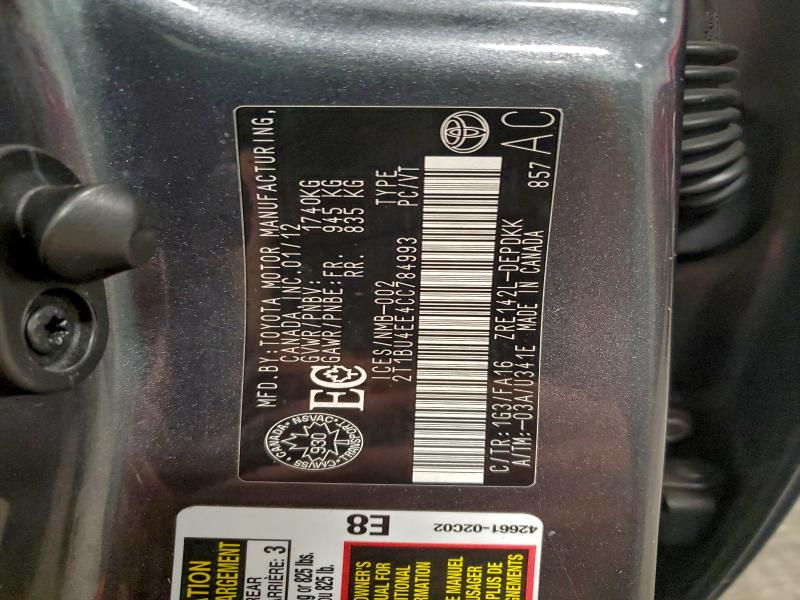 Aukcja sprzedaży 2012 Toyota Corolla Ba, vin: 2T1BU4EE4CC784993, numer aukcji: 96309265