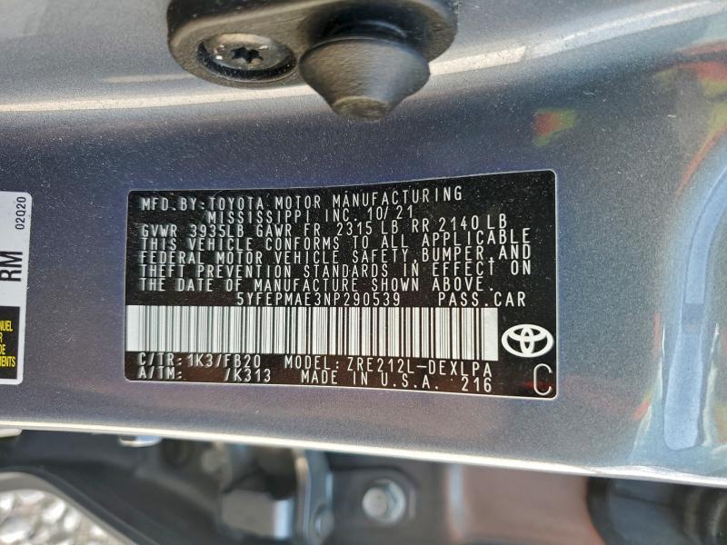 98213575 :رقم المزاد ، 5YFEPMAE3NP290539 vin ، 2022 Toyota Corolla Le مزاد بيع