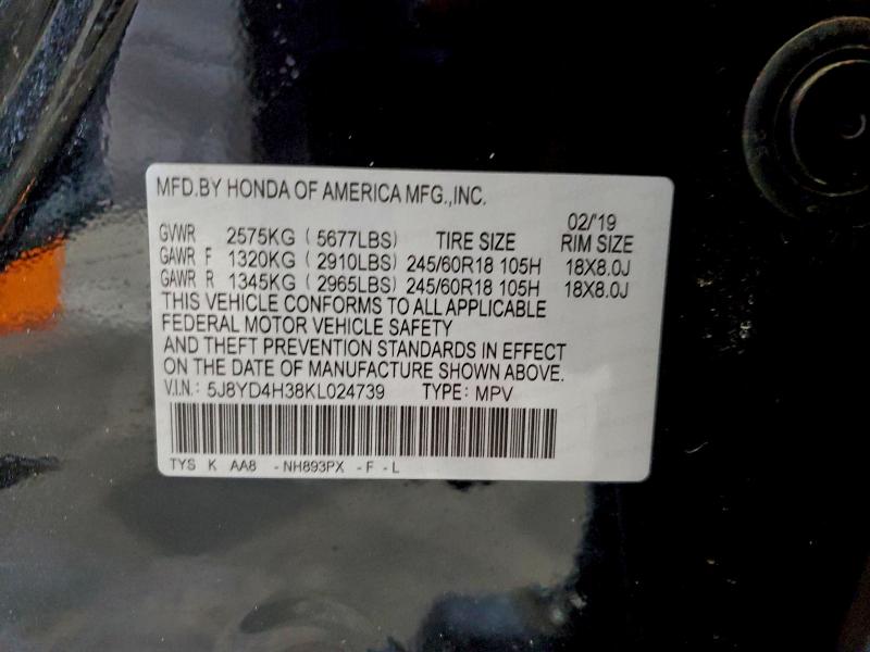 97800215 :رقم المزاد ، 5J8YD4H38KL024739 vin ، 2019 Acura Mdx مزاد بيع