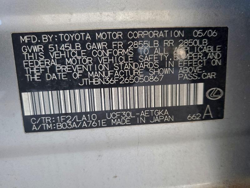 96879955 :رقم المزاد ، JTHBN36F265050867 vin ، 2006 Lexus Ls مزاد بيع