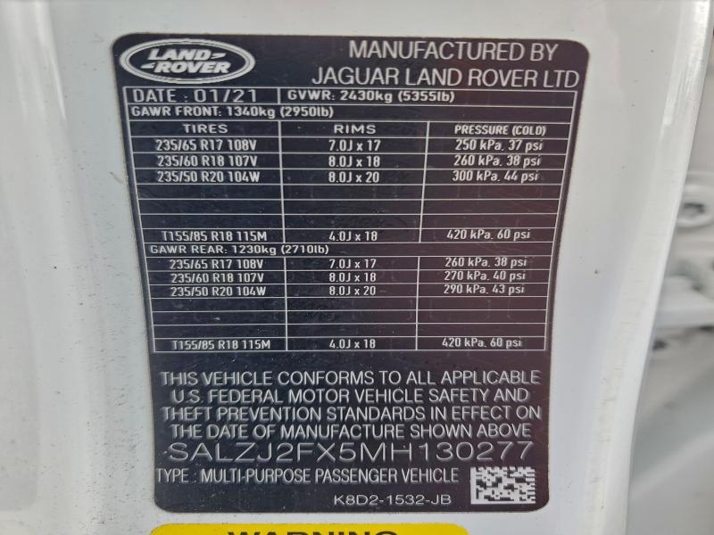 Продажа на аукционе авто 2021 Land Rover Range Rove, vin: SALZJ2FX5MH130277, номер лота: 85439715