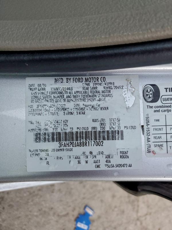 95841305 :رقم المزاد ، 3FAHP0JA8BR117002 vin ، 2011 Ford Fusion مزاد بيع