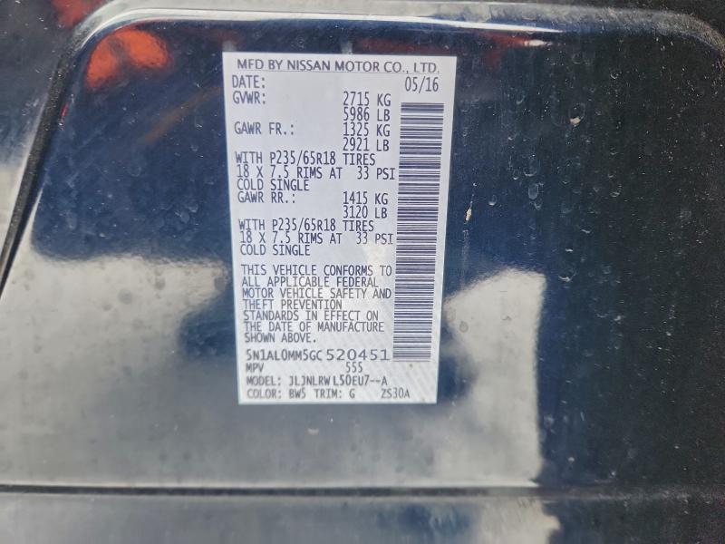 96797295 :رقم المزاد ، 5N1AL0MM5GC520451 vin ، 2016 Infiniti Qx60 مزاد بيع