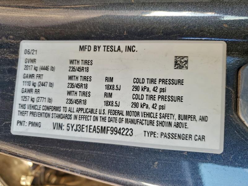 94497985 :رقم المزاد ، 5YJ3E1EA5MF994223 vin ، 2021 Tesla Model 3 مزاد بيع