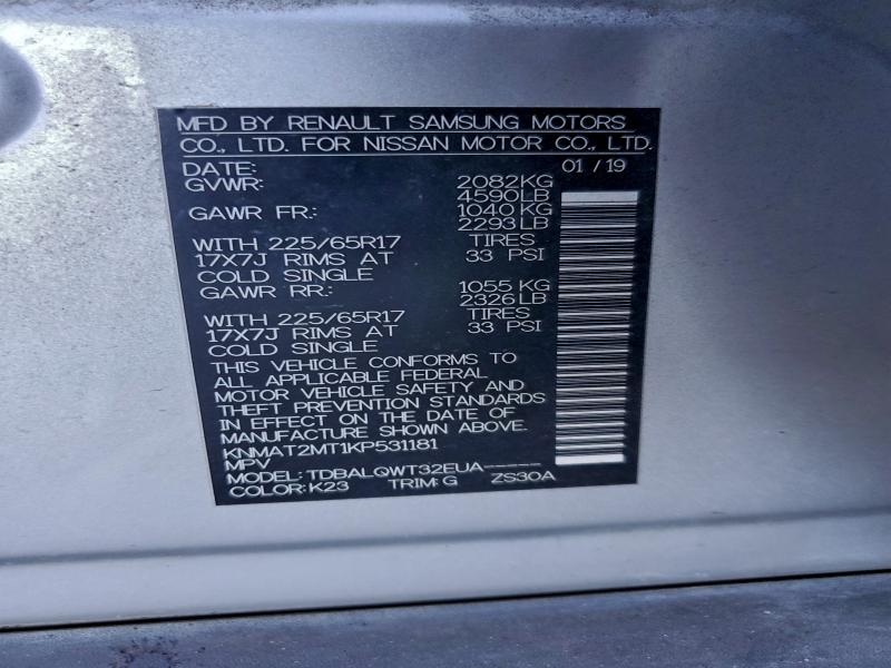 98248815 :رقم المزاد ، KNMAT2MT1KP531181 vin ، 2019 Nissan Rogue مزاد بيع