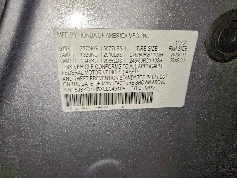 97954475 :رقم المزاد ، 5J8YD4H5XLL045109 vin ، 2020 Acura Mdx مزاد بيع