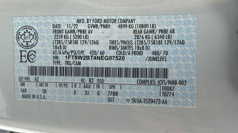 2022 Ford F250 Super მანქანა იყიდება აუქციონზე, vin: 1FT8W2BT4NEG07520, აუქციონის ნომერი: 96528005