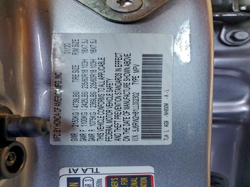 2020 Honda Cr-v მანქანა იყიდება აუქციონზე, vin: 5J6RW2H81LL002302, აუქციონის ნომერი: 96537345