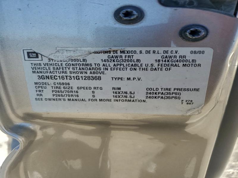 2001 Chevrolet Suburban მანქანა იყიდება აუქციონზე, vin: 3GNEC16T31G128368, აუქციონის ნომერი: 94133745