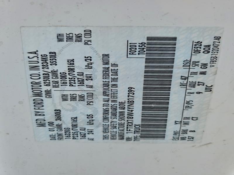 Auction sale of the 2000 Ford F150, vin: 1FTRX18W4YNB17399, lot number: 95997265