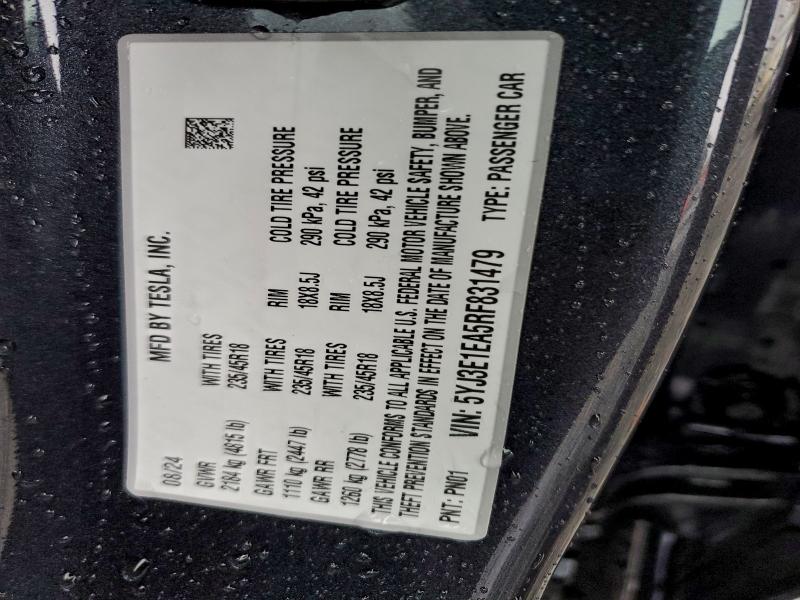 Aukcja sprzedaży 2024 Tesla Model 3, vin: 5YJ3E1EA5RF831479, numer aukcji: 96572335