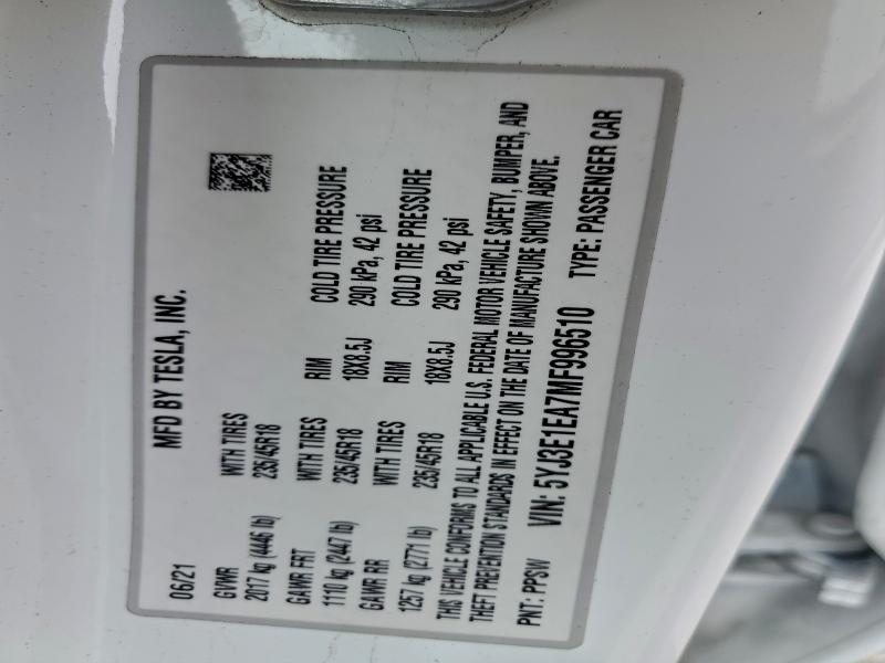 Продаж на аукціоні авто 2021 Tesla Model 3, vin: 5YJ3E1EA7MF996510, номер лоту: 98179575