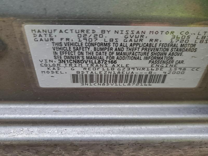 2020 Nissan Versa S მანქანა იყიდება აუქციონზე, vin: 3N1CN8DV1LL872166, აუქციონის ნომერი: 97100355