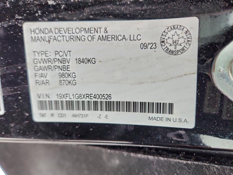97775595 :رقم المزاد ، 19XFL1G8XRE400526 vin ، 2024 Honda Civic مزاد بيع