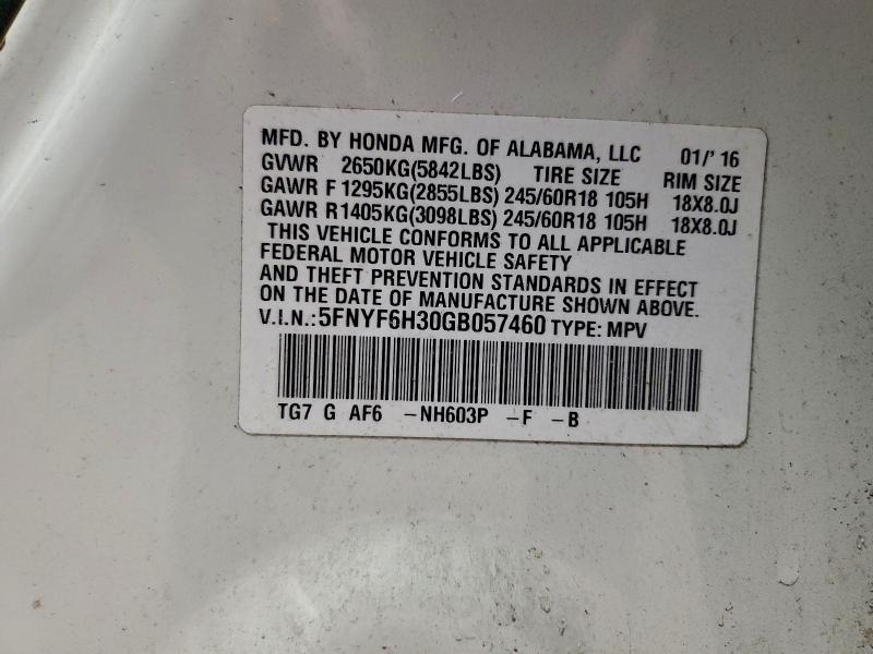 Aukcja sprzedaży 2016 Honda Pilot, vin: 5FNYF6H30GB057460, numer aukcji: 96546045