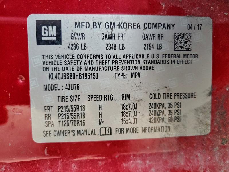 95485025 :رقم المزاد ، KL4CJBSB0HB196150 vin ، 2017 Buick Encore مزاد بيع