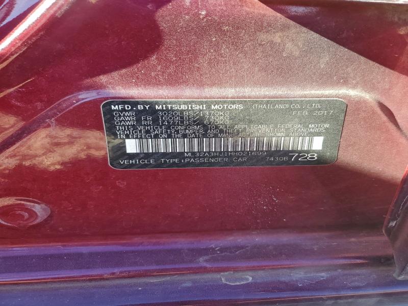 Продаж на аукціоні авто 2017 Mitsubishi Mirage Es, vin: ML32A3HJ1HH021699, номер лоту: 95839775