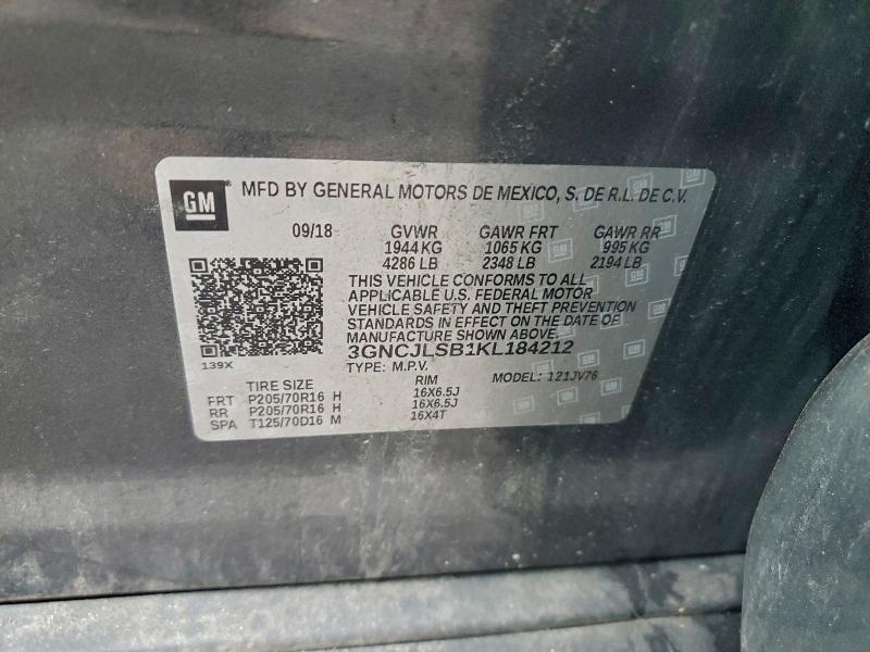 Aukcja sprzedaży 2019 Chevrolet Trax, vin: 3GNCJLSB1KL184212, numer aukcji: 96831615