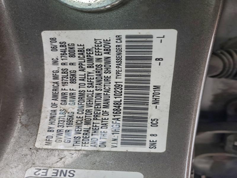 95418145 :رقم المزاد ، 1HGFA16848L102391 vin ، 2008 Honda Civic Ex مزاد بيع