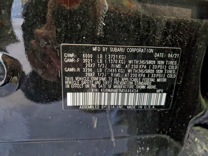 2021 Subaru Ascent მანქანა იყიდება აუქციონზე, vin: 4S4WMAMD1M3446434, აუქციონის ნომერი: 95750845