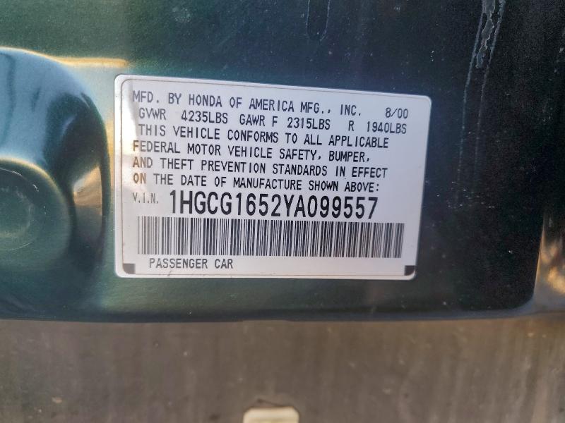2000 Honda Accord მანქანა იყიდება აუქციონზე, vin: 1HGCG1652YA099557, აუქციონის ნომერი: 95198555