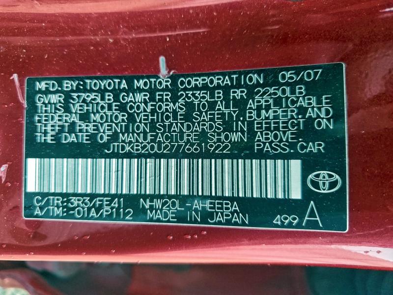 Продаж на аукціоні авто 2007 Toyota Prius, vin: JTDKB20U277661922, номер лоту: 99329935