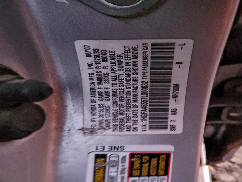 96328815 :رقم المزاد ، 1HGFA46557L000832 vin ، 2007 Honda Civic Gx مزاد بيع