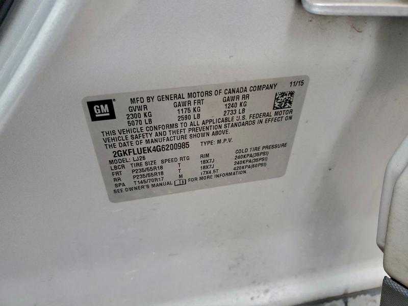 Aukcja sprzedaży 2016 Gmc Terrain Sl, vin: 2GKFLUEK4G6200985, numer aukcji: 95485035