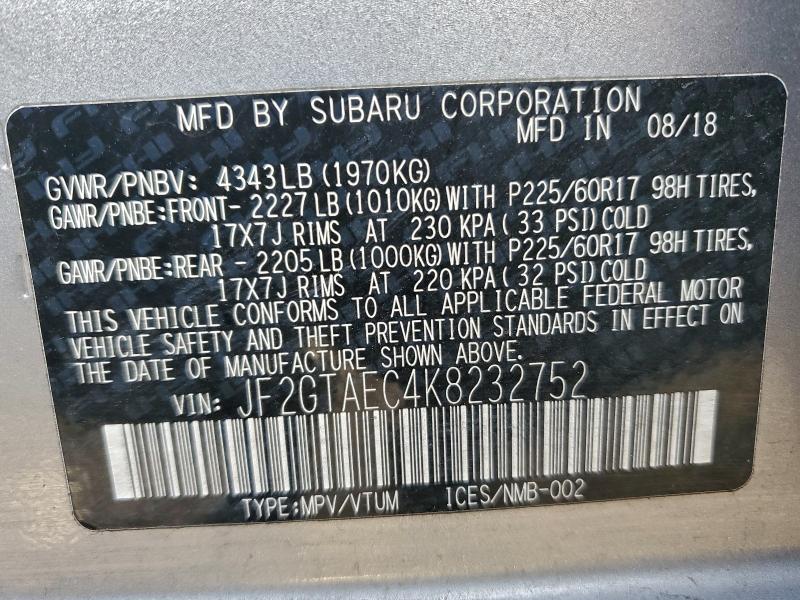 2019 Subaru Crosstrek მანქანა იყიდება აუქციონზე, vin: JF2GTAEC4K8232752, აუქციონის ნომერი: 96403635