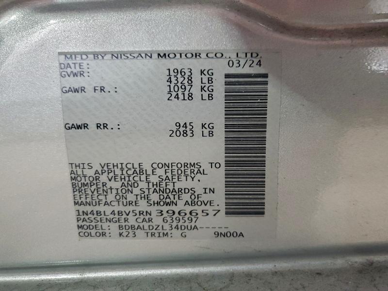 2024 Nissan Altima მანქანა იყიდება აუქციონზე, vin: 1N4BL4BV5RN396657, აუქციონის ნომერი: 94470995