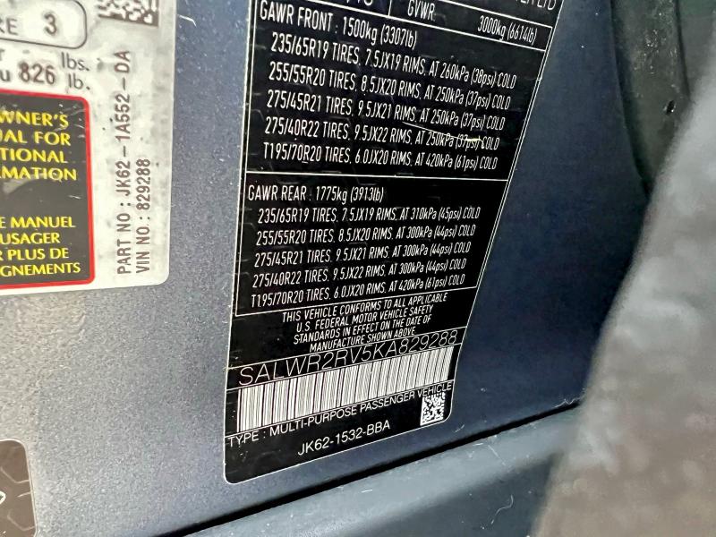 Aukcja sprzedaży 2019 Land Rover Range Rove, vin: SALWR2RV5KA829288, numer aukcji: 95747045
