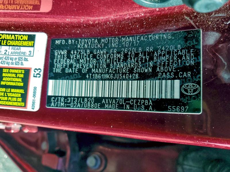 Aukcja sprzedaży 2018 Toyota Camry Xse, vin: 4T1B61HK6JU540428, numer aukcji: 95677885