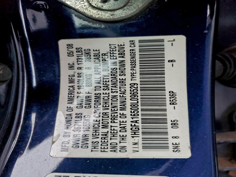 2008 Honda Civic მანქანა იყიდება აუქციონზე, vin: 1HGFA16508L096529, აუქციონის ნომერი: 94286845