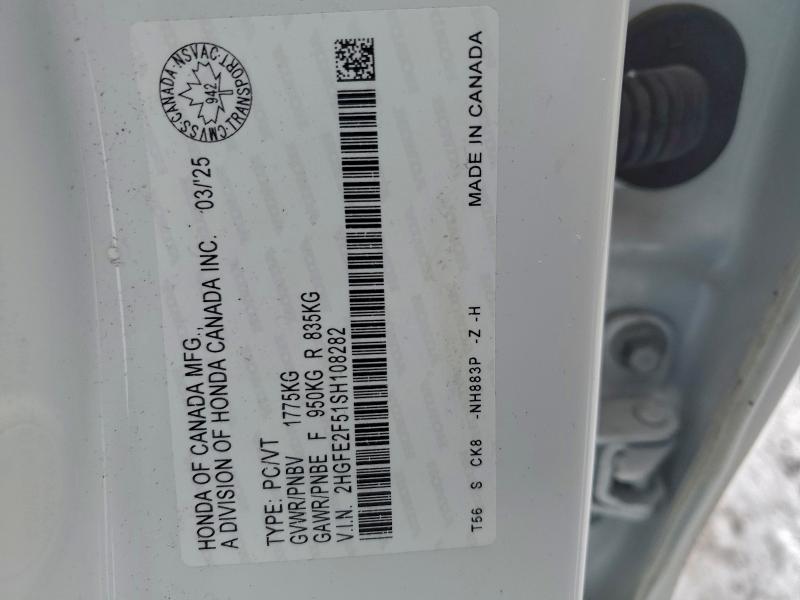96755955 :رقم المزاد ، 2HGFE2F51SH108282 vin ، 2025 Honda Civic مزاد بيع