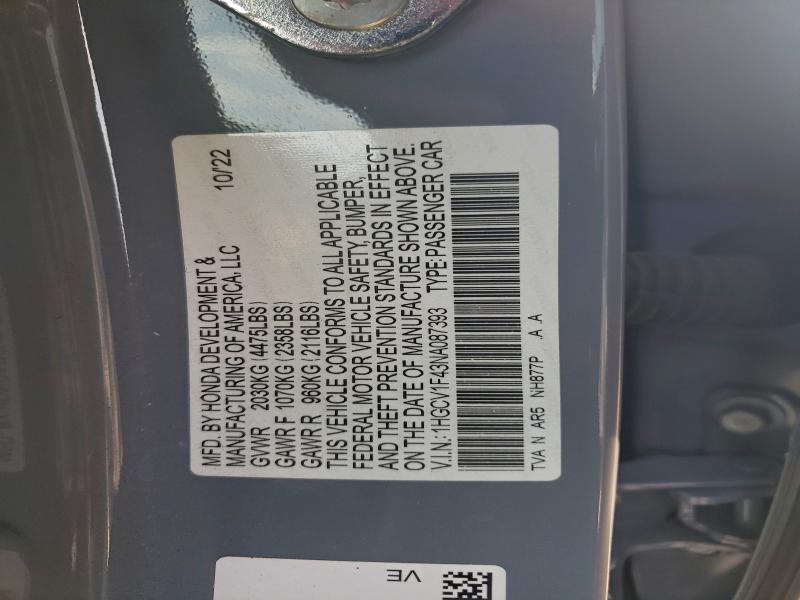 95168485 :رقم المزاد ، 1HGCV1F43NA087393 vin ، 2022 Honda Accord Spo مزاد بيع