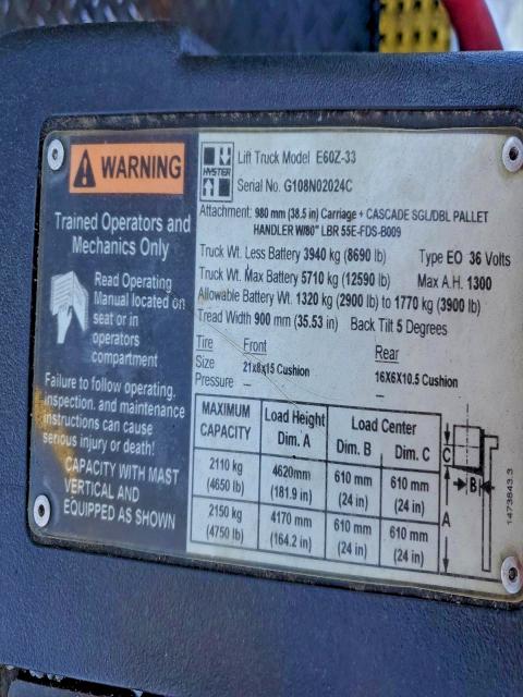 94312695 :رقم المزاد ، G108N02024C vin ، 2005 Hyster E60z-33 مزاد بيع