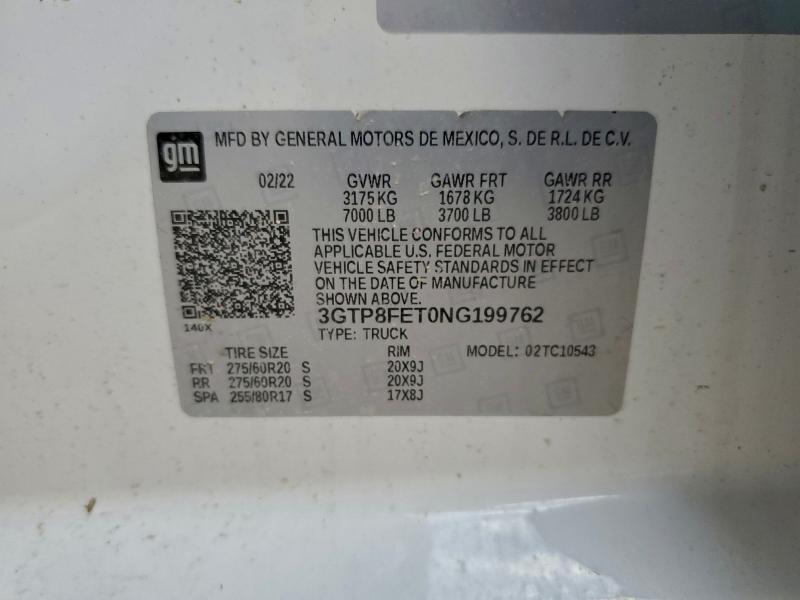 Aukcja sprzedaży 2022 Gmc Sierra Lim, vin: 3GTP8FET0NG199762, numer aukcji: 74709695